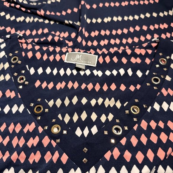 JM Collection Womens XL Geometric Print 3/4 Sleeve Tunic Studded Detail V Neck - Picture 10 of 10
